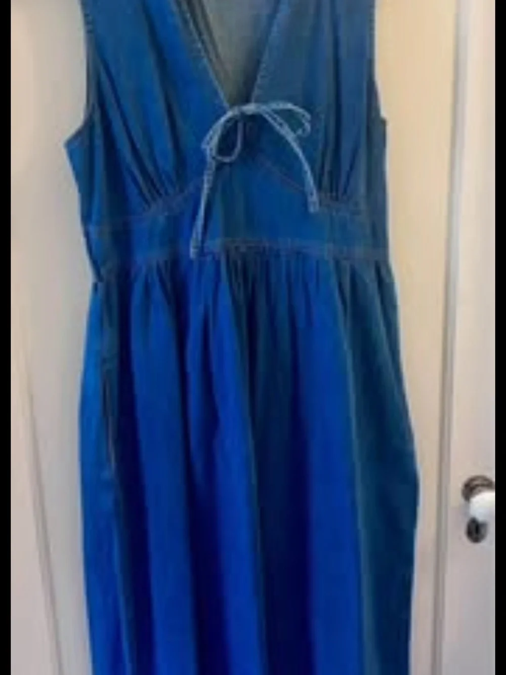 Sleeveless Denim-Style Maxi Dress with Tie Front in Blue